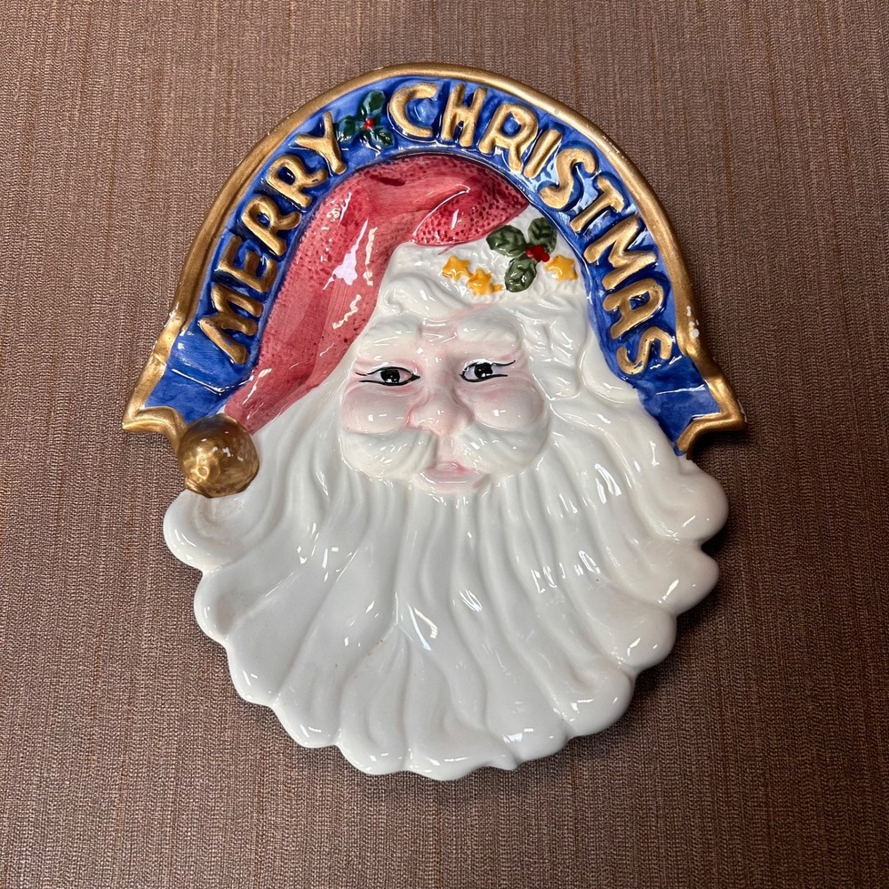 VTG Corning Santa Merry Christmas Banner Candy Trinket Dish Plate Kitschy Xmas